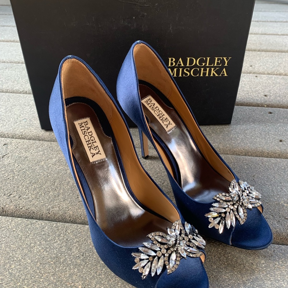 Badgley Mischka Navy Satin Embellished Heels